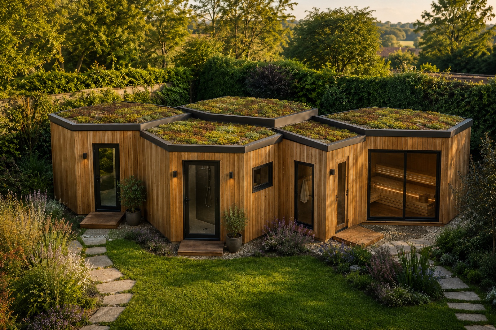 Four connected hexagonal timber garden buildings with living sedum roofs, arranged in a honeycomb around a lawn, with a sauna visible behind full-height glazing.