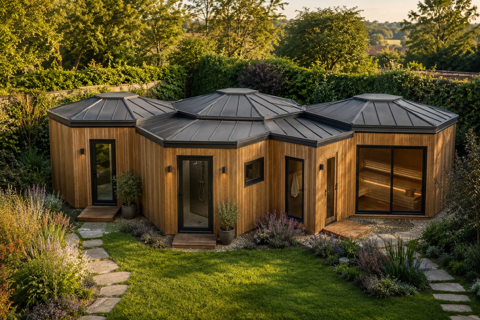 The same honeycomb arrangement shown with standing-seam metal roofs and hexagonal lantern caps, set against a clipped hedge at golden hour.